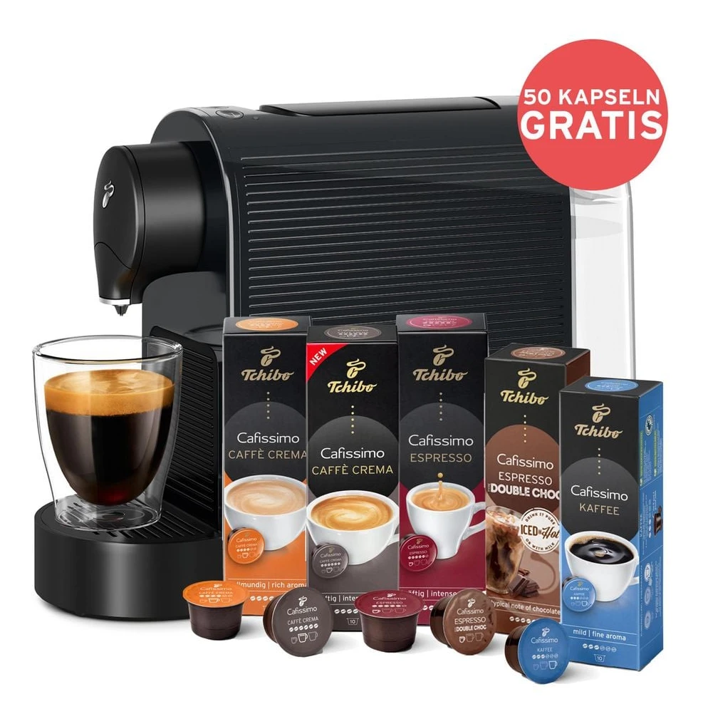 TCHIBO Cafissimo Pure Plus Kapselmaschine, Schwarz, inkl. 50 Kapseln