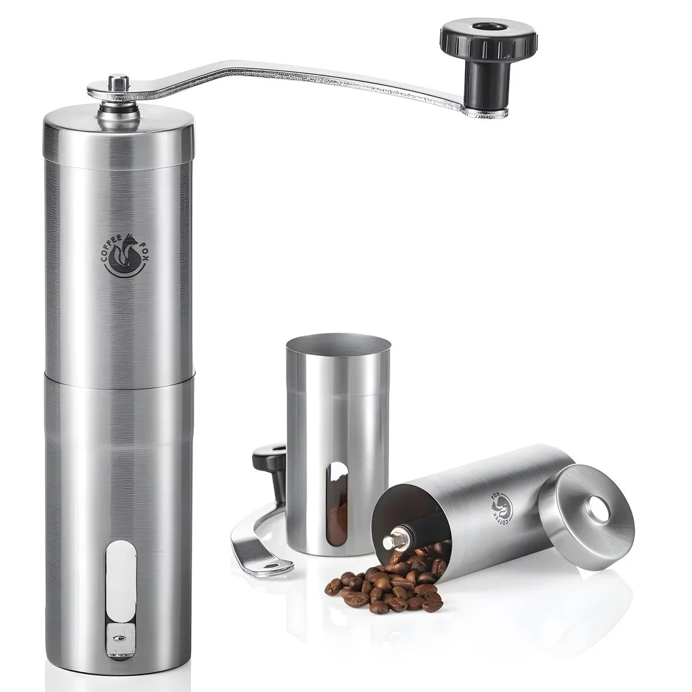 COFFEE FOX Manuelle Edelstahl-Handkaffeemühle für Zuhause & Reisen